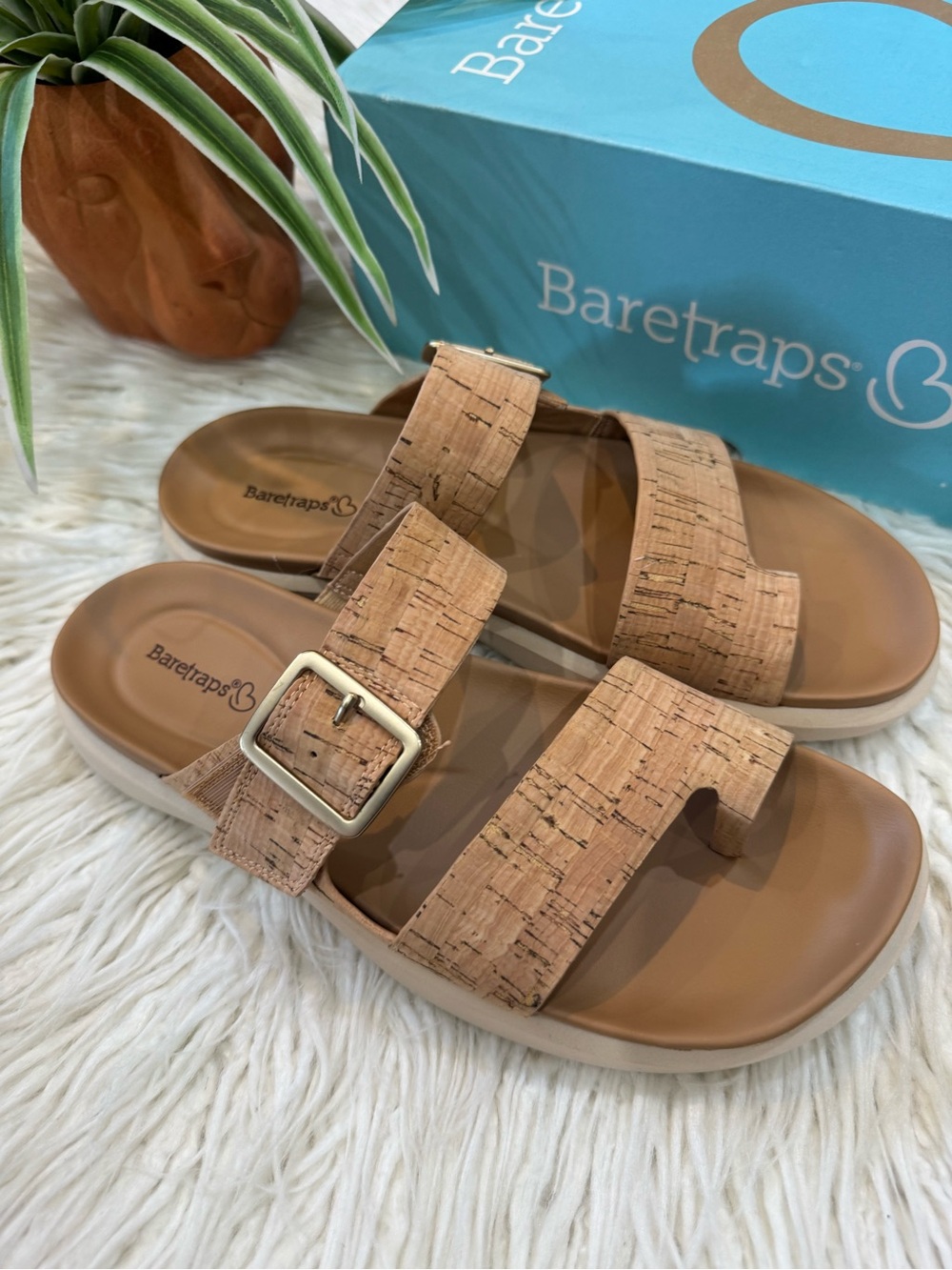 BareTraps Cork-Patterned Tan Slide Sandals with Buckle